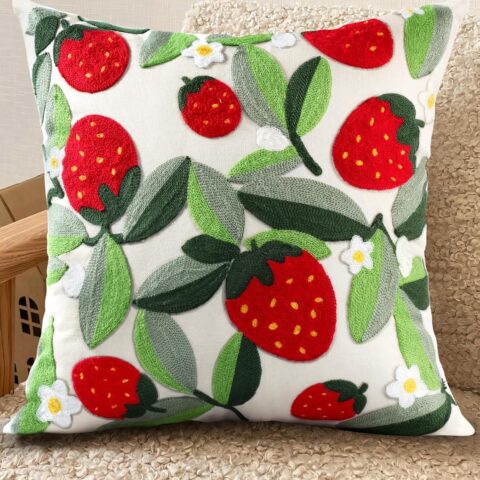 Embroidered Throw Pillow Cover - 18x18 inch Decorative Pillow Covers with Zipper Pillow Cover for Living Room Couch Sofa Bed Aesthetic Design Strawberry Linen Cotton Pillowcase Covers