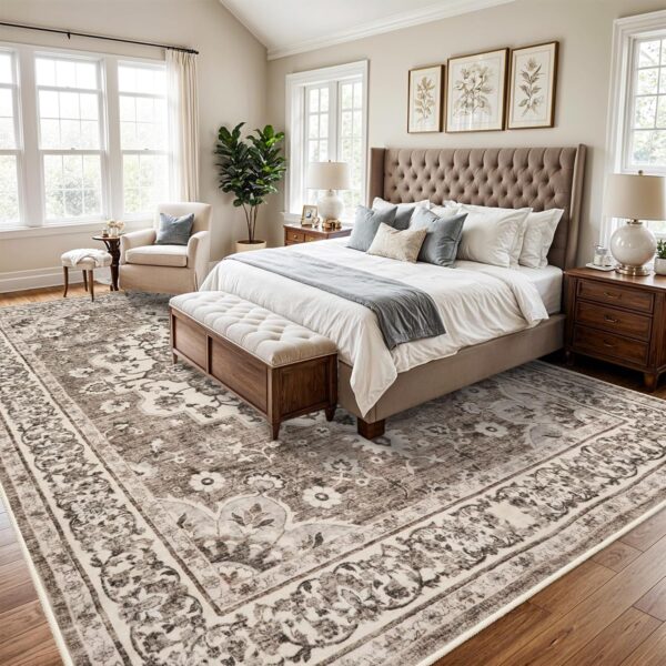 Washable Oriental Area Rug - 10x14 Rugs for Living Room Soft Carpet for Bedroom Waterproof Floral Distressed Indoor Stain Resistant Non-Shedding Floor Carpets (Beige, 10X14)