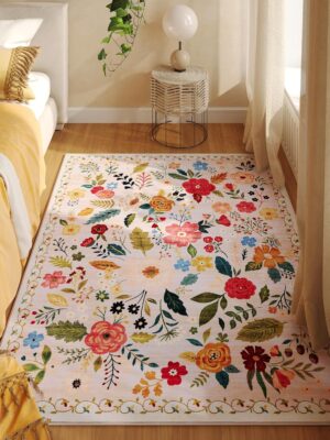 Bedroom Rug 3x5 Rug Washable Area Rug Non Slip Low Pile Boho Floral Small Carpet for Bedroom, Bedside, Kitchen, Entryway, Kids Room, Office, College Dorm Essentials for Girls(Beige)