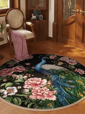 Round Rug 4ft Washable Circle Rug Non Slip Low Pile Floral Peacock Animal Small Circular Rug for Bedroom, Bathroom, Entryway, Kids Room, Office, College Dorm (Black)