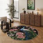 Round Rug 4ft Washable Circle Rug Non Slip Low Pile Floral Peacock Animal Small Circular Rug for Bedroom, Bathroom, Entryway, Kids Room, Office, College Dorm (Black)