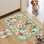 2x3 Rugs for Entryway, Floral Indoor Washable Door Mat, Non Slip Boho Small Rug for Kitchen, Soft Low Pile Throw Rug, Front Door Rug for Entrance, Bedroom, Kitchen, Laundry, Bathroom, Green