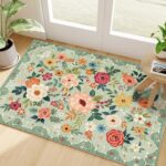 2x3 Rugs for Entryway, Floral Indoor Washable Door Mat, Non Slip Boho Small Rug for Kitchen, Soft Low Pile Throw Rug, Front Door Rug for Entrance, Bedroom, Kitchen, Laundry, Bathroom, Green