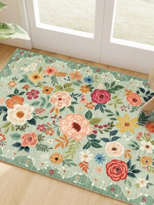 2x3 Rugs for Entryway, Floral Indoor Washable Door Mat, Non Slip Boho Small Rug for Kitchen, Soft Low Pile Throw Rug, Front Door Rug for Entrance, Bedroom, Kitchen, Laundry, Bathroom, Green