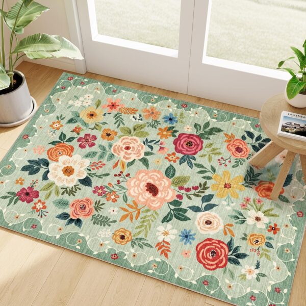 2x3 Rugs for Entryway, Floral Indoor Washable Door Mat, Non Slip Boho Small Rug for Kitchen, Soft Low Pile Throw Rug, Front Door Rug for Entrance, Bedroom, Kitchen, Laundry, Bathroom, Green
