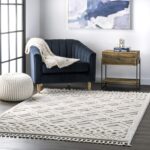 8x11  Moroccan Tassel Area Rug, Light Grey, High-Low Textured Bohemian Design, Plush High Pile, Stain Resistant, For Bedroom, Living Room, Hallway, Entryway