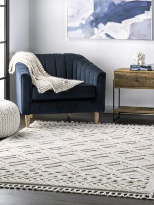 8x11  Moroccan Tassel Area Rug, Light Grey, High-Low Textured Bohemian Design, Plush High Pile, Stain Resistant, For Bedroom, Living Room, Hallway, Entryway