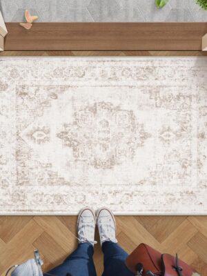 Area Rug 2x3 Vintage Rug: Small Washable Indoor Medallion Entryway Rug Low Pile Distressed Floor Carpet Retro Accent Doormat for Bedroom Bathroom Hallway Kitchen Home Office(Beige, 2'x3')
