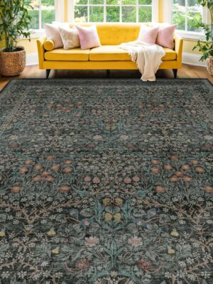 Vintage Washable Dark Green 10x14 Rug for Living Room - Extra Large Area Rug for Dining Room Rugs for Under Table, Soft Low Pile Carpet for Bedroom - Vintage Floral Design Non-Slip (10x14 Dark Green)