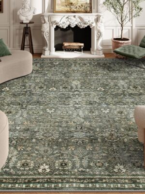 Green 10x14 Area Rugs for Living Room, Washable Vintage Large Floor Rugs for Bedroom, Rubber Backed Non-Slip Carpet for Dining Room Office