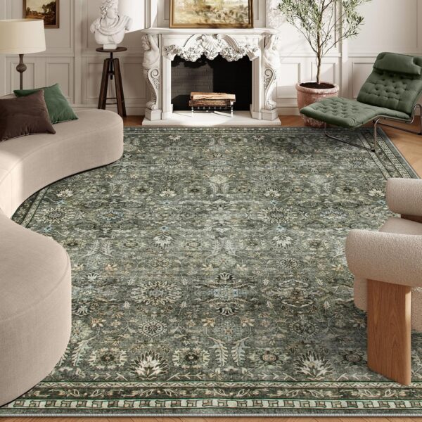 Green 10x14 Area Rugs for Living Room, Washable Vintage Large Floor Rugs for Bedroom, Rubber Backed Non-Slip Carpet for Dining Room Office