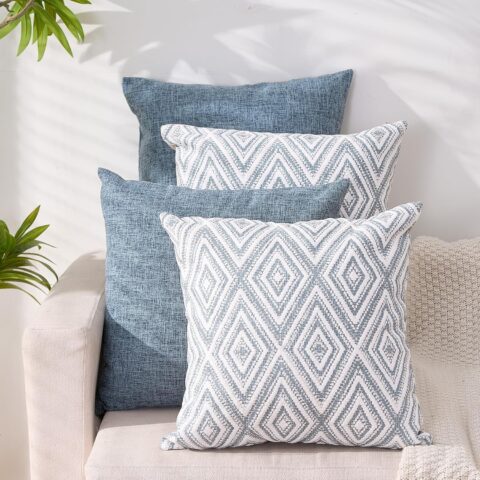 Decorative Throw Pillow Covers Set of 4 Square Couch Pillows Linen Cushion Cover for Couch Sofa Living Room, 18"x18" inches, Blue