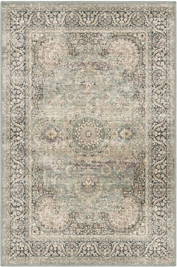 2x3 Washable Area Rug Indoor Entryway Vintage Rug Print Rug Low-Pile Floor Carpet for Indoor Front Entrance Kitchen Bathroom, Olive Charcoal