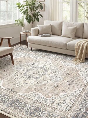 Washable Rug 10x14 Area Rugs for Living Room Bedroom Dining Room Home Office Floor Decor -Stain & Fade Resistant Non Slip Backing Carpet,Ultra-Thin Vintage Large Carpets (Camel/Beige,10'x14')