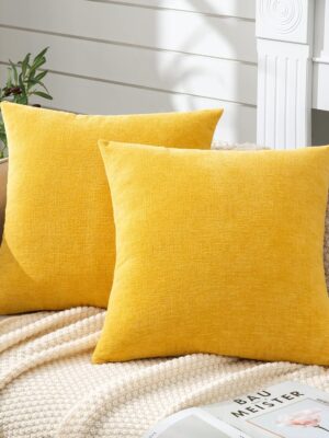 Decorative Square Throw Pillow Covers 20x20 Inch set of 2, Super Soft Chenille Farmhouse Pillowcase for Living Room Bedroom Sofa Couch Cushion Cover Gold Yellow 50x50cm/20x20 Inch