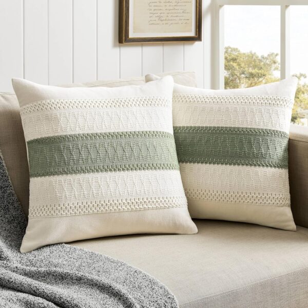 2 Packs Cotton Boho Throw Pillow Covers 18x18 Inch Contrast Green, Soft Farmhouse Decorative Couch Pillow Cases Sage Green Cushion Covers for Sofa Bed Living Room Home Decor