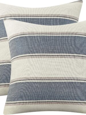 Pack of 2 Farmhouse Linen Throw Pillow Cover Cushion Stripe Decoration Buffalo Retro Pillowcase with Hidden Zipper for Sofa Bedroom Car 18 x 18 Inch Blue