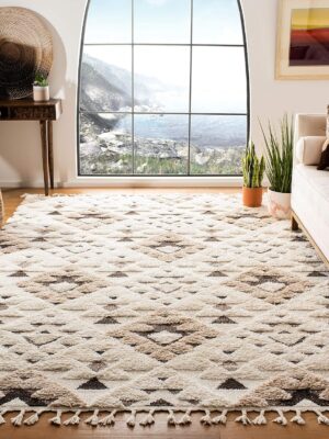 Moroccan Tassel Shag Collection Area Rug - 8' x 10', Ivory & Brown, Boho Design, Non-Shedding & Easy Care, 2-inch Thick Ideal for High Traffic Areas in Living Room, Bedroom