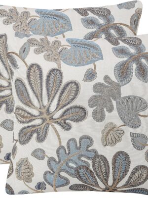Set of 2 Jacquard Tropical Leaf Pattern Throw Pillow Covers Decorative Pillowcase 20X20 Inches,Blue Cream